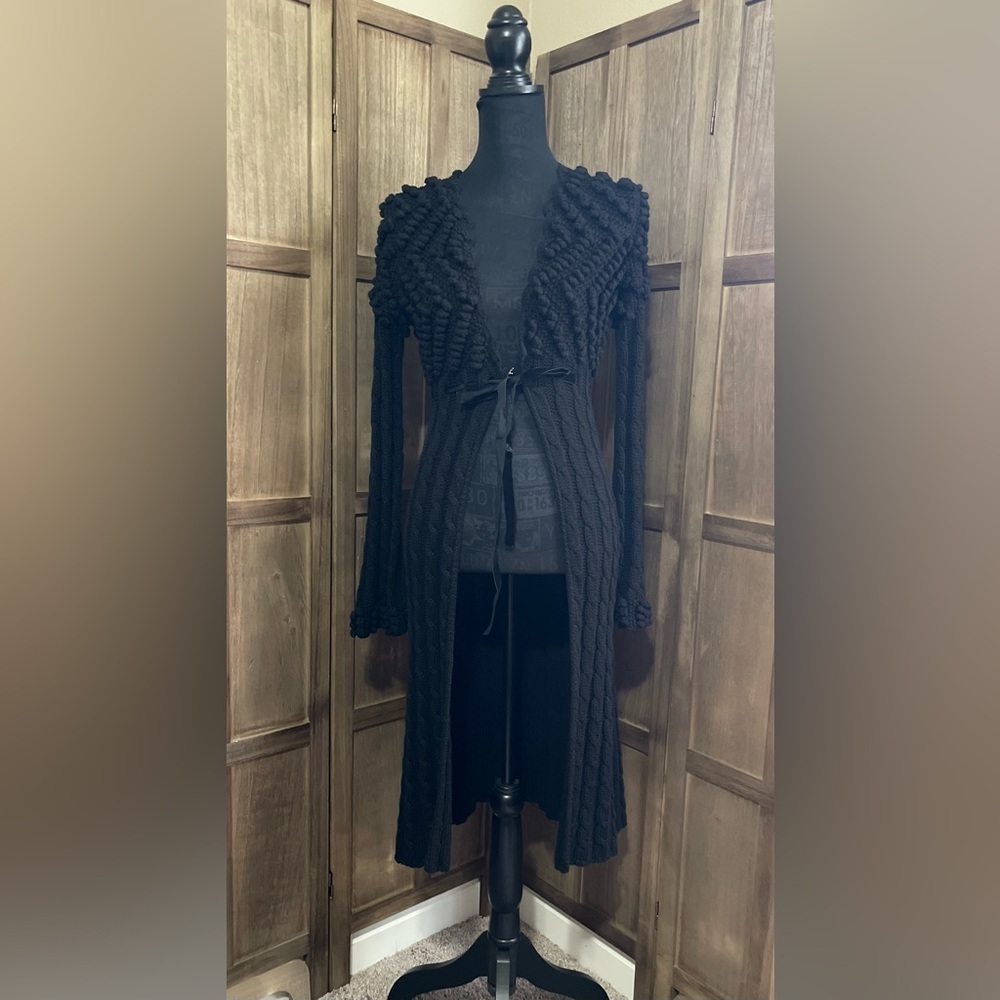 Women’s Moda International Black Long Cardigan with Tie.
